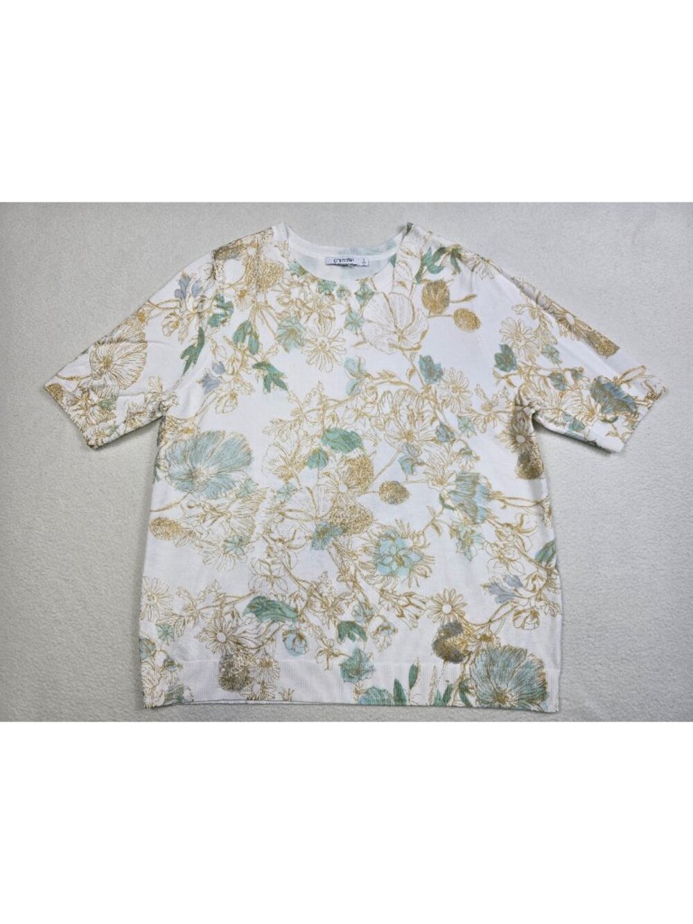Chicos Size 2 Large Floral Print Short Sleeve Top Lightweight Sweater